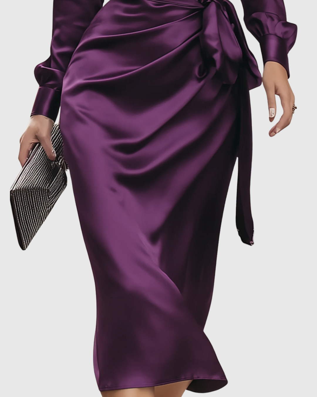 Cerelia | Deep Plum Satin Wrap Midi Dress Image