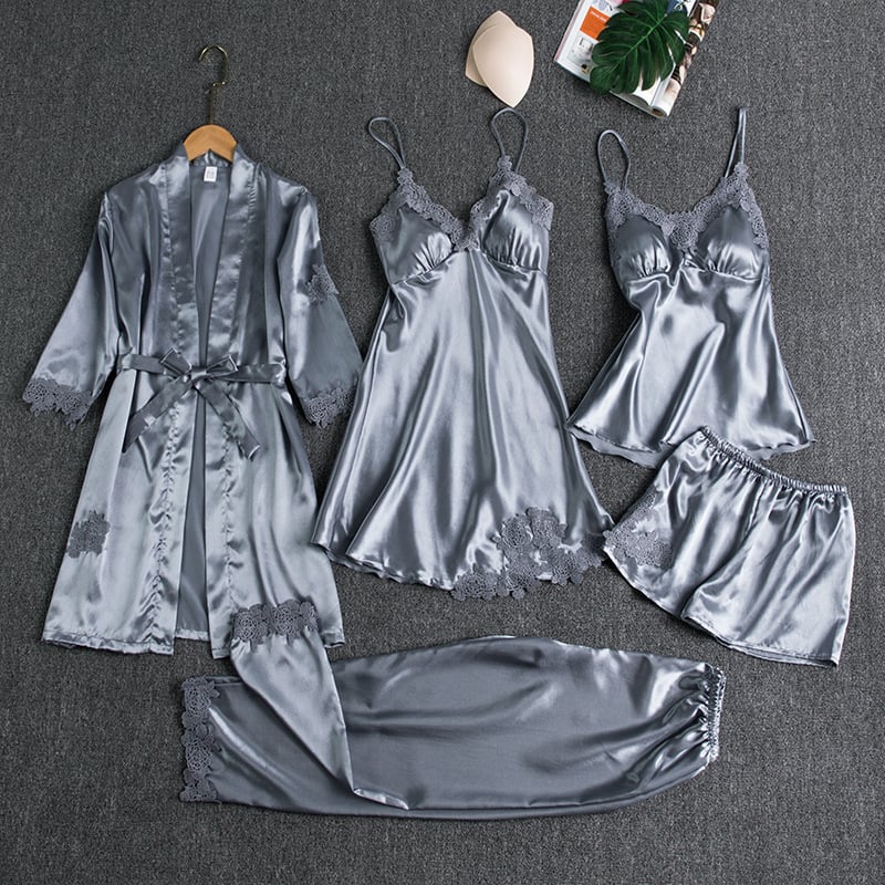 Women's Satin Lace Nightwear Set 5-Piece for Sleepwear