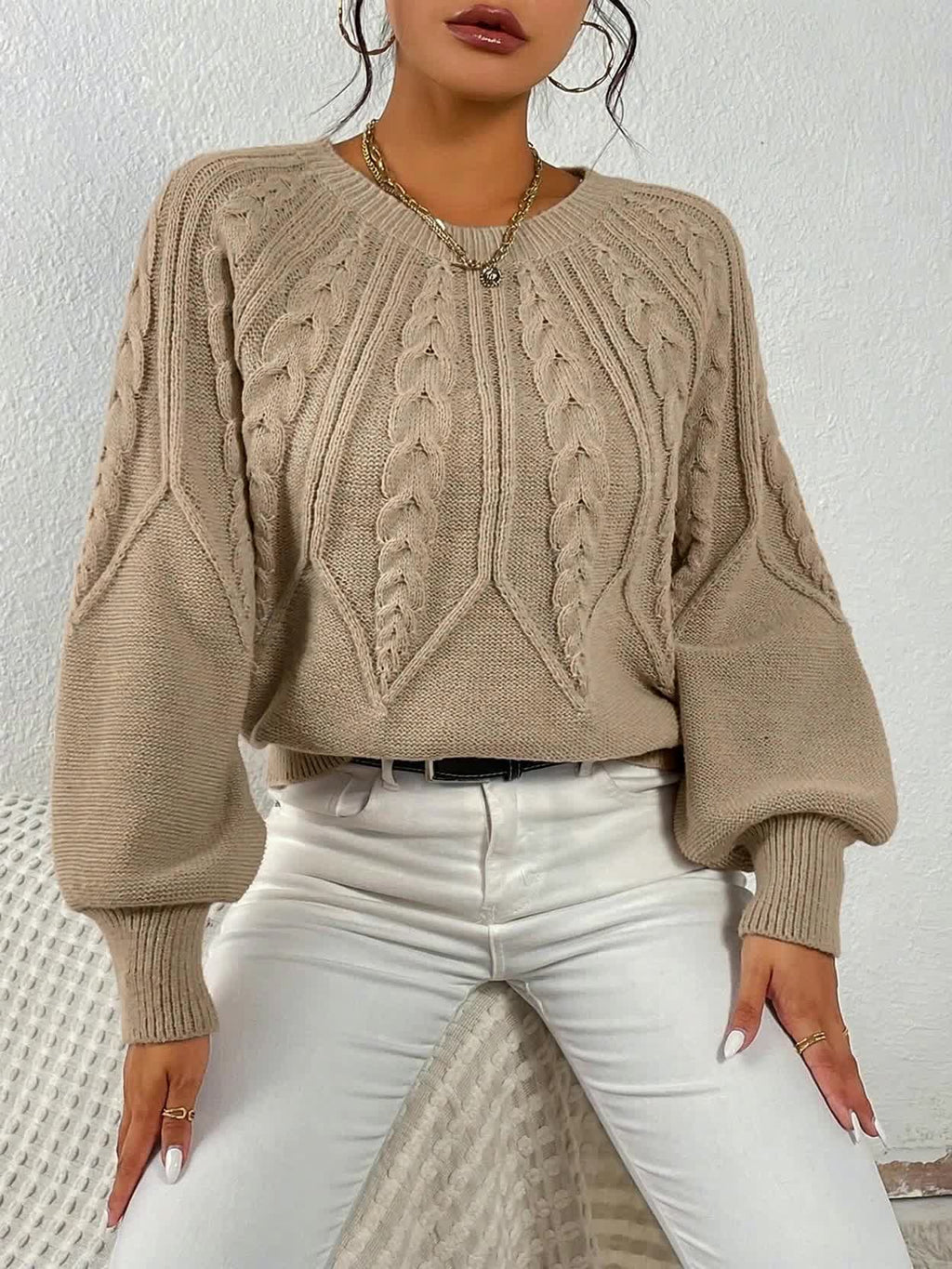 Cropped Cable Knit Jumper with Ribbed Crew Neck - Khaki