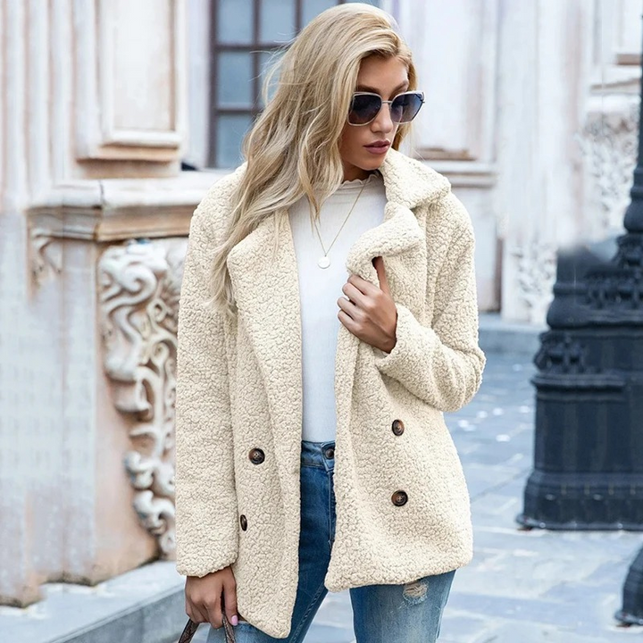 Women's Double-Breasted Teddy Jacket with Notch Lapels