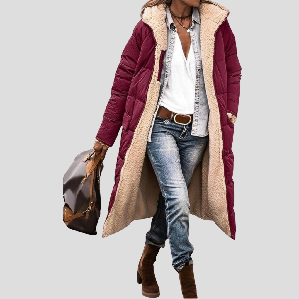 Women's Hooded Reversible Long Coat with Teddy Lining