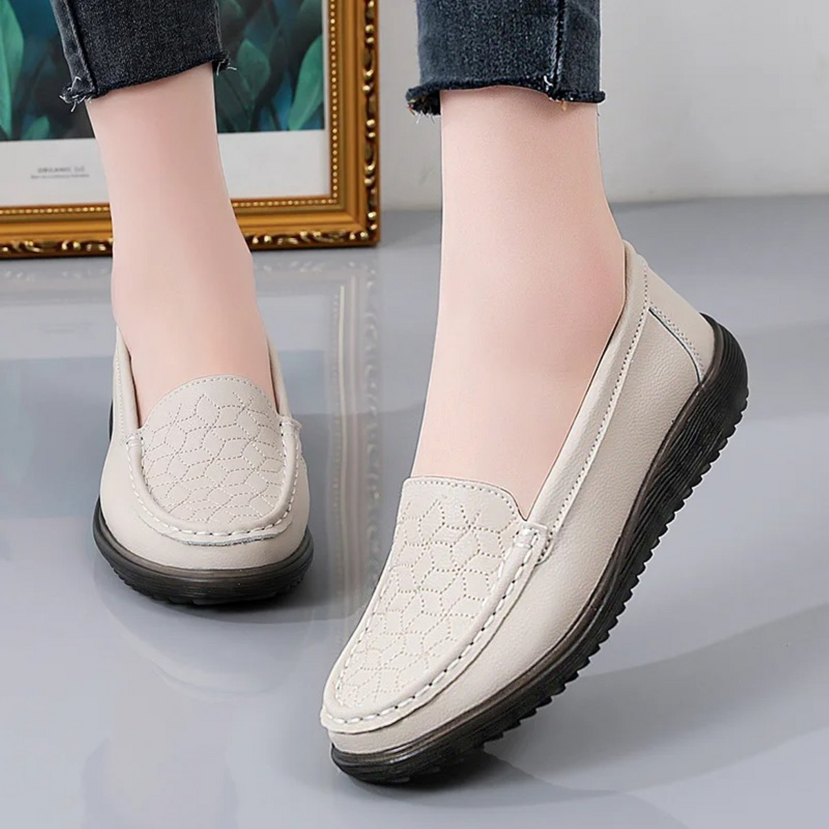 Women's Slip-On Loafers with Textured Relief Pattern Image