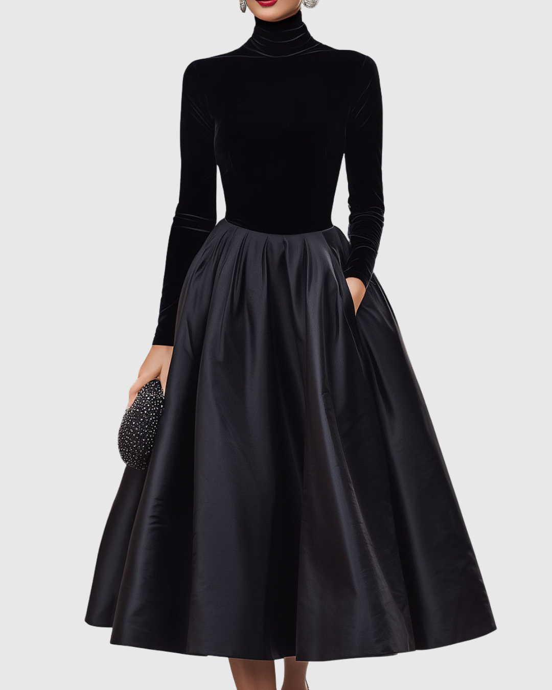 Aradia | Elegant Black Velvet And Satin Midi Dress Image