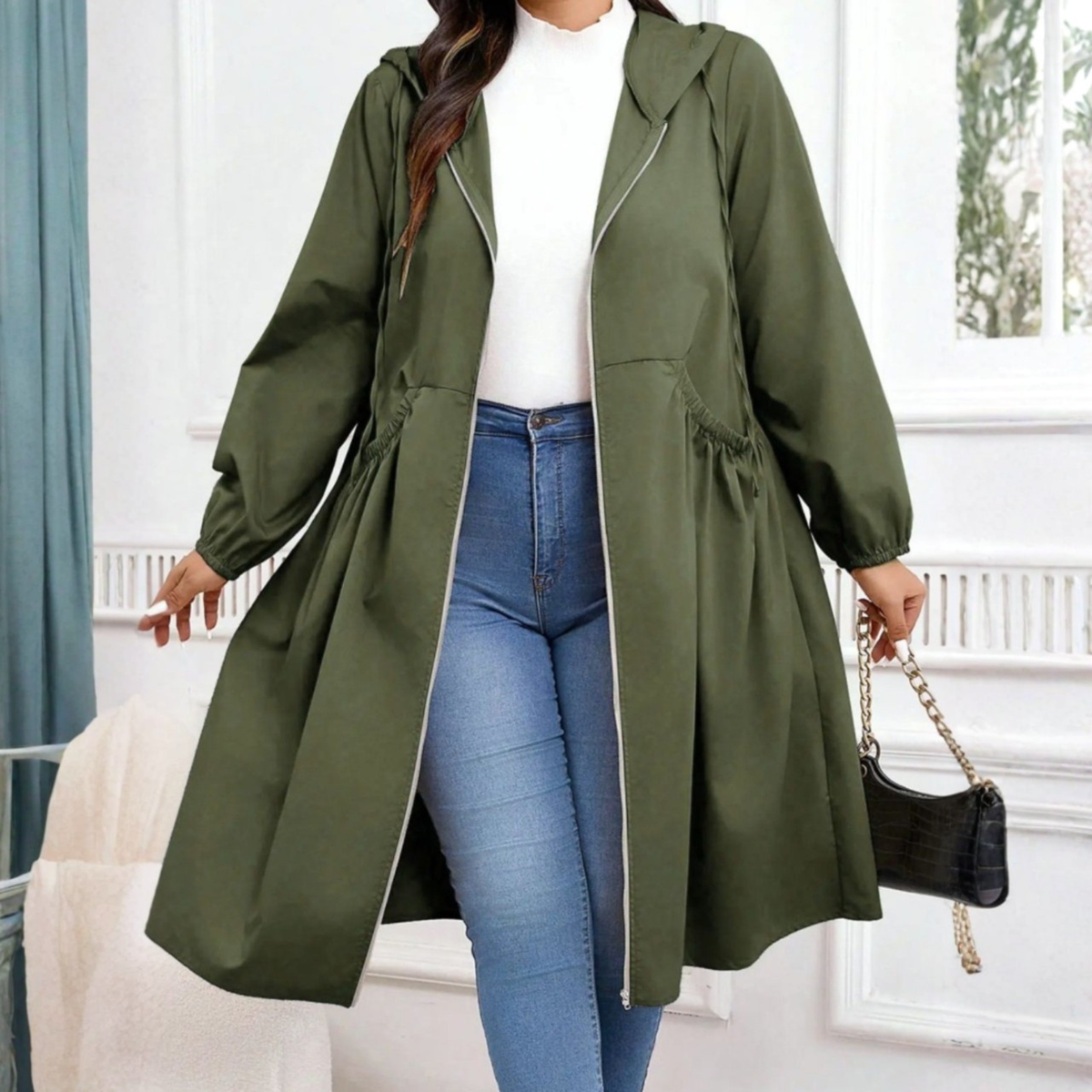 Avril - Casual Plus Size Drawstring Zip-Up Long Sleeve Hooded Coat Image