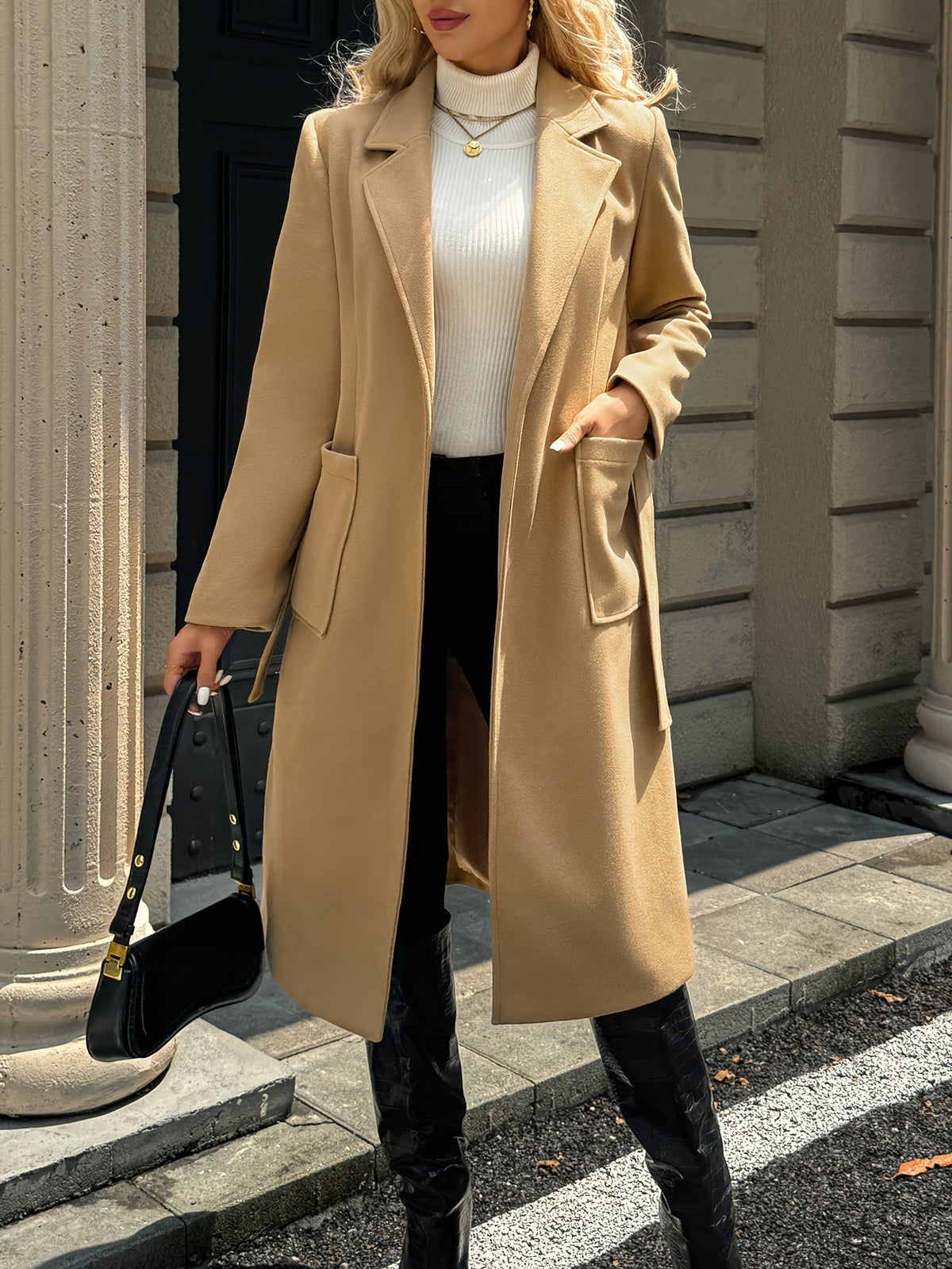 Women's Belted Long Coat Notch Lapel Front Pockets Image