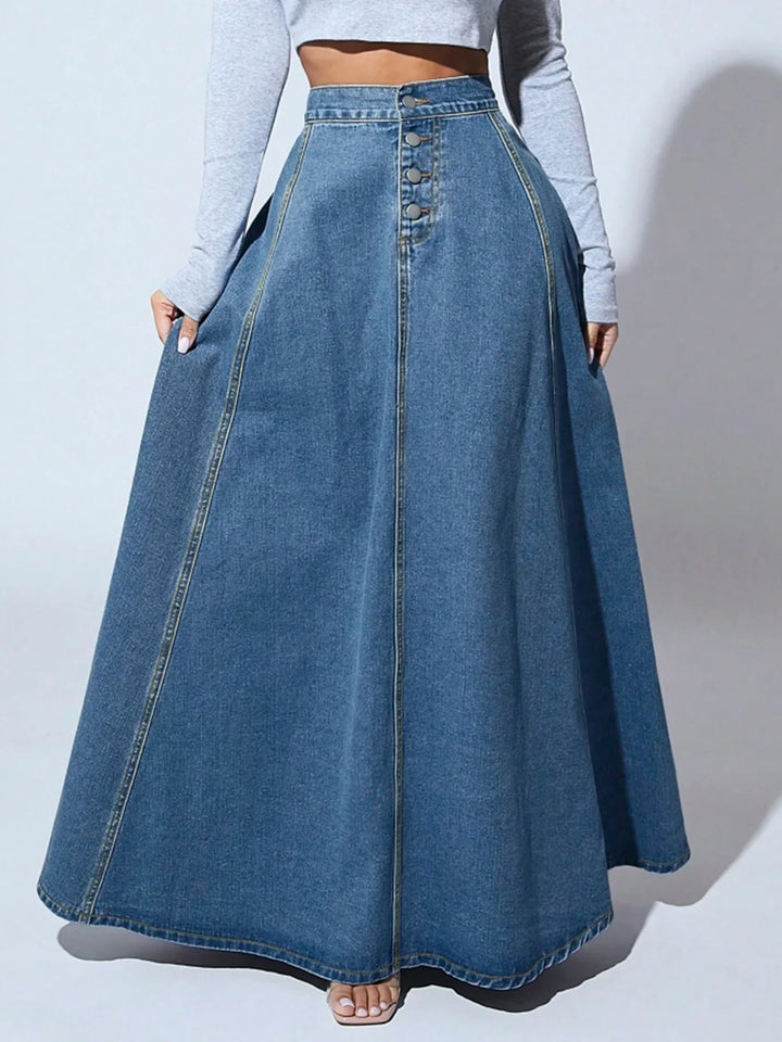 Women's High-Waist A-Line Maxi Skirt with Button Front Image