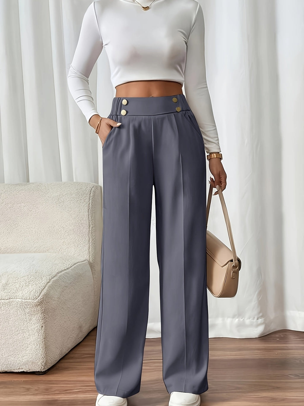 Women's High-Waist Wide-Leg Trousers with Elastic Waist