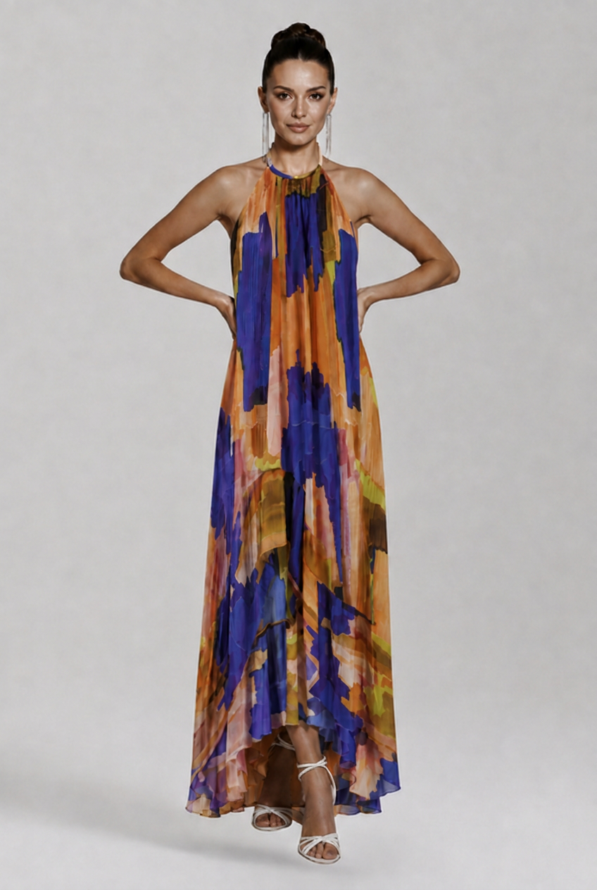 Aurelia | Women’s Abstract Print Halter High-Low Maxi Dress Image