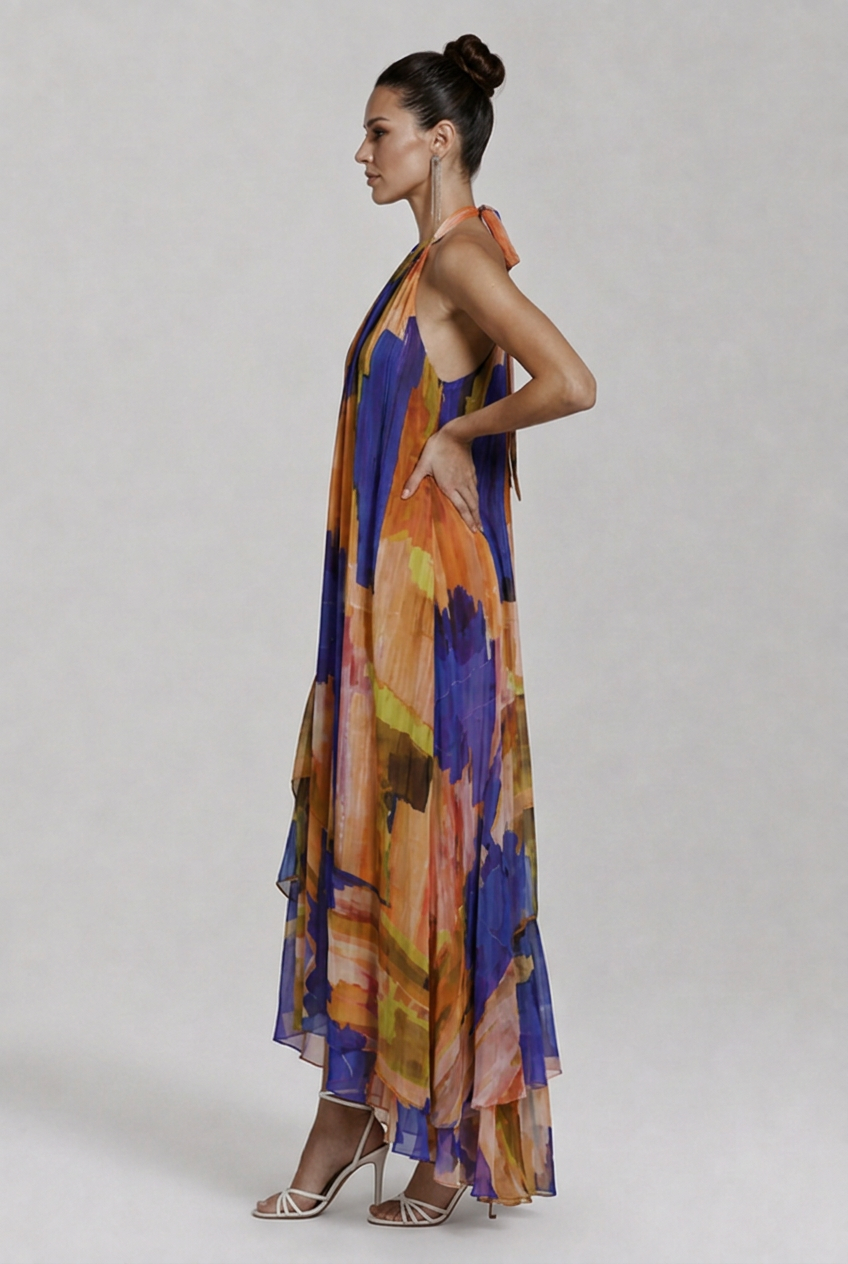 Aurelia | Women’s Abstract Print Halter High-Low Maxi Dress Image