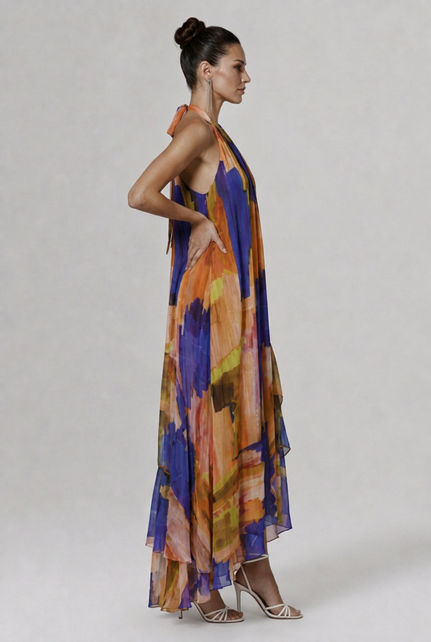 Aurelia | Women’s Abstract Print Halter High-Low Maxi Dress Image