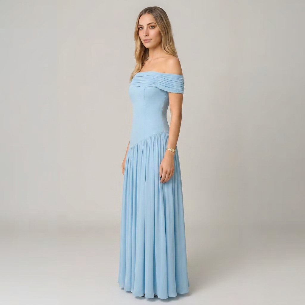 Bella | Women’s Off-Shoulder Pleated Maxi Dress with Asymmetric Waist Detail Image