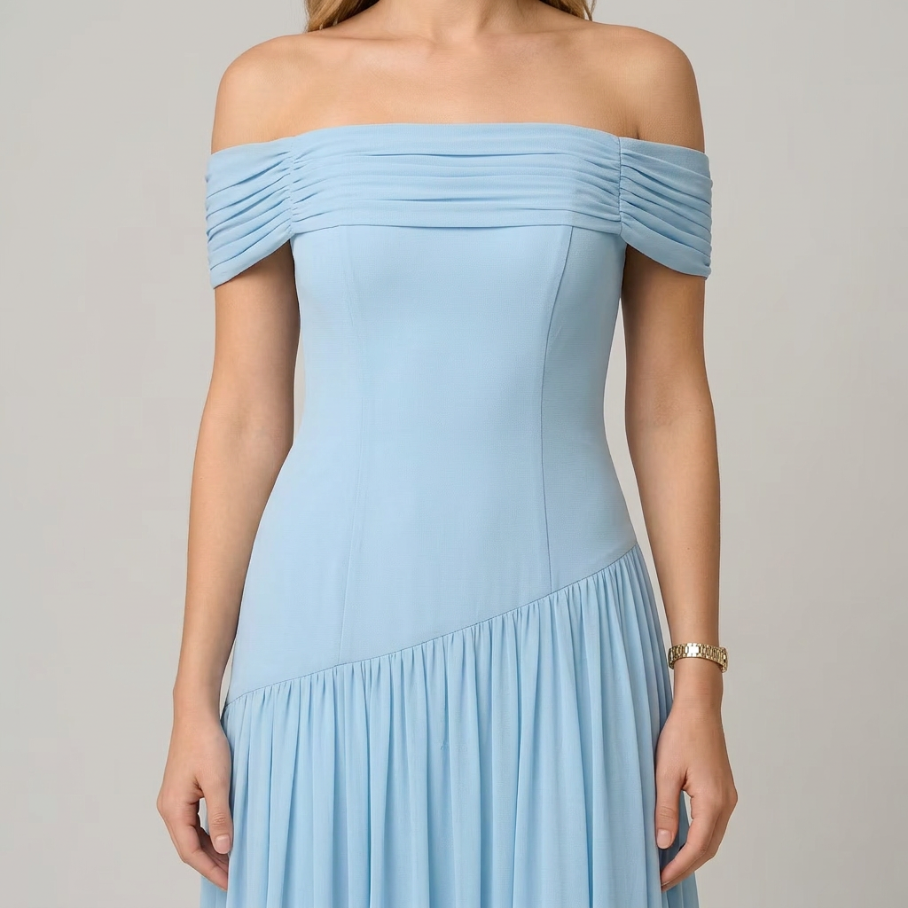 Bella | Women’s Off-Shoulder Pleated Maxi Dress with Asymmetric Waist Detail Image