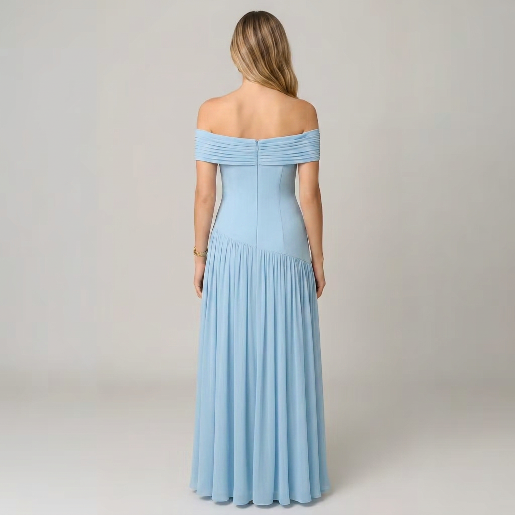 Bella | Women’s Off-Shoulder Pleated Maxi Dress with Asymmetric Waist Detail Image