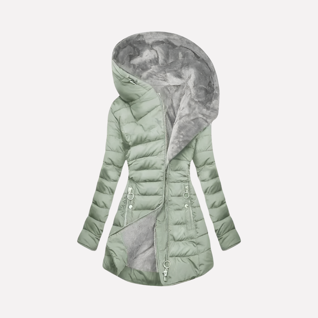 Women's Hooded Quilted Coat with Zip Front and Side Pockets