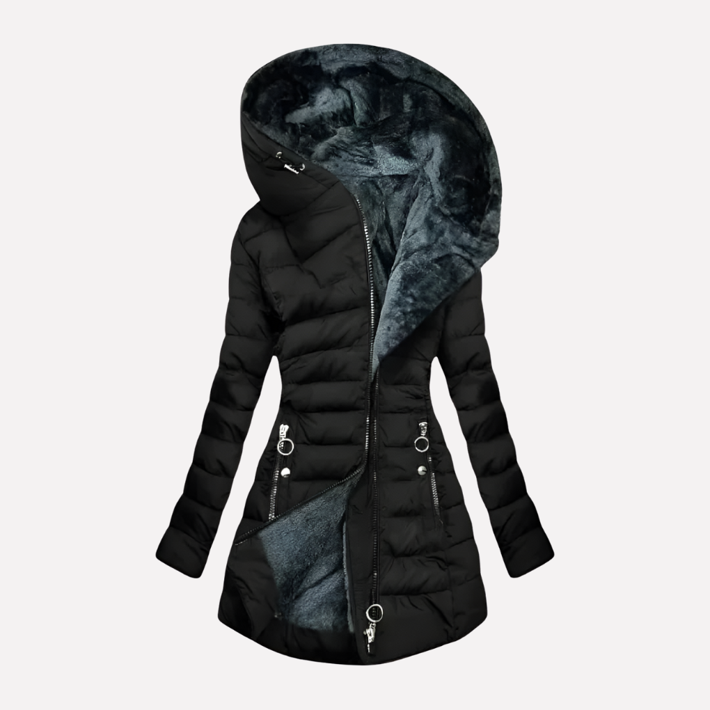 Women's Hooded Quilted Coat with Zip Front and Side Pockets Image