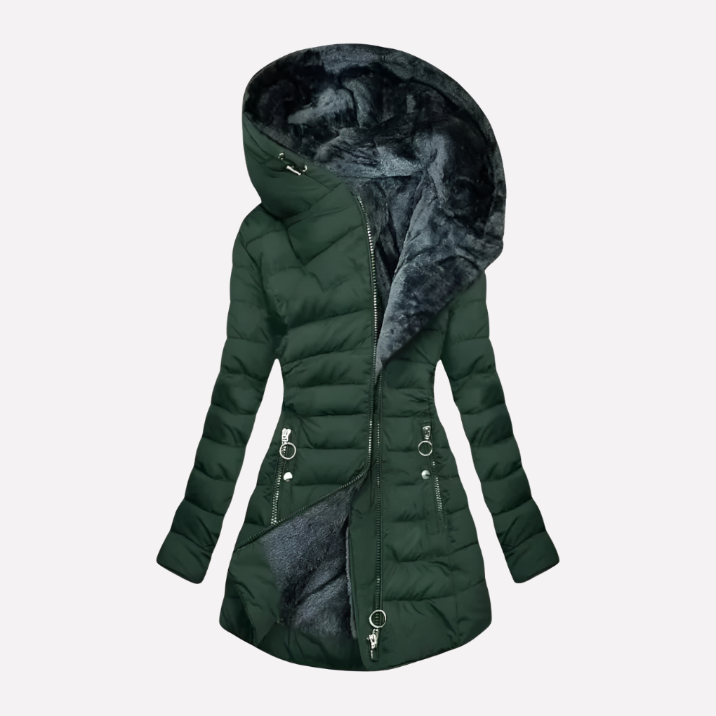 Women's Hooded Quilted Coat with Zip Front and Side Pockets Image