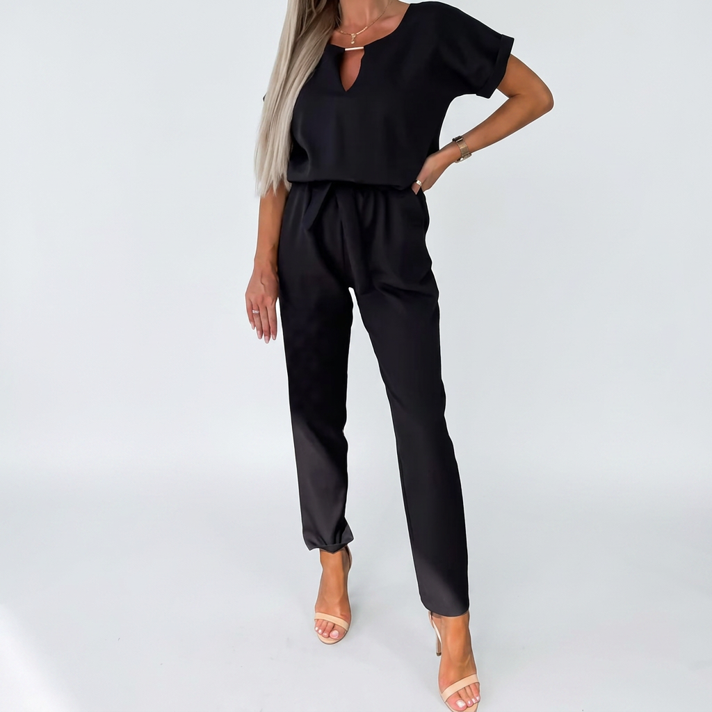 Clara | Elegant Short-Sleeve Keyhole Neck Jumpsuit Image