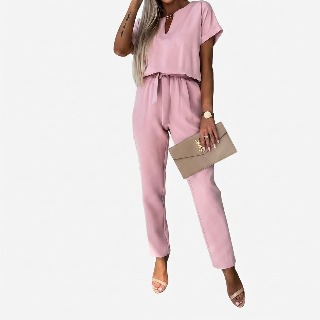 Clara | Elegant Short-Sleeve Keyhole Neck Jumpsuit Image