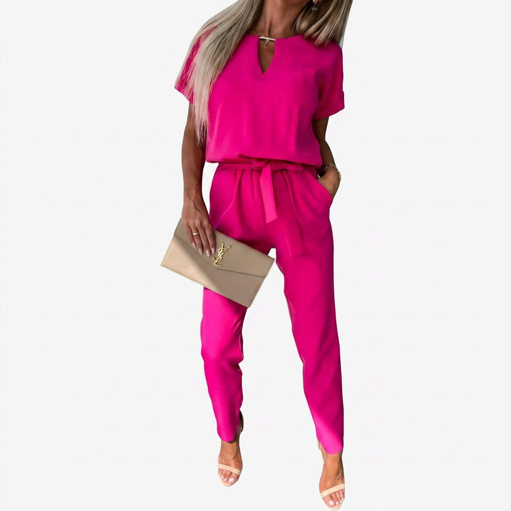 Clara | Elegant Short-Sleeve Keyhole Neck Jumpsuit Image