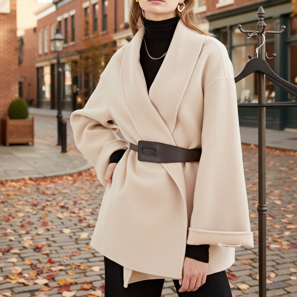 Women's Wrap Coat with Wide Lapel Collar and Tie Belt Image