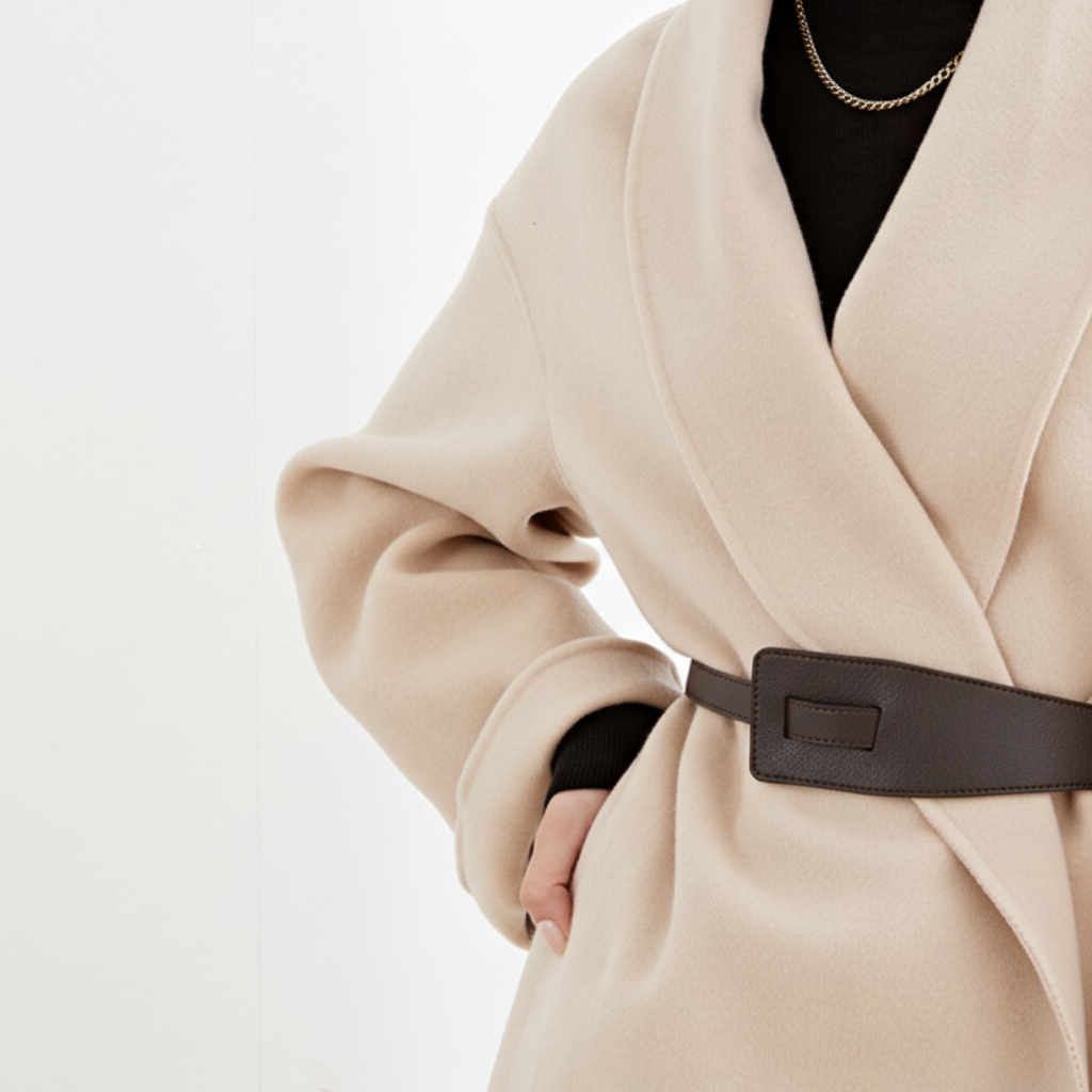 Women's Wrap Coat with Wide Lapel Collar and Tie Belt Image