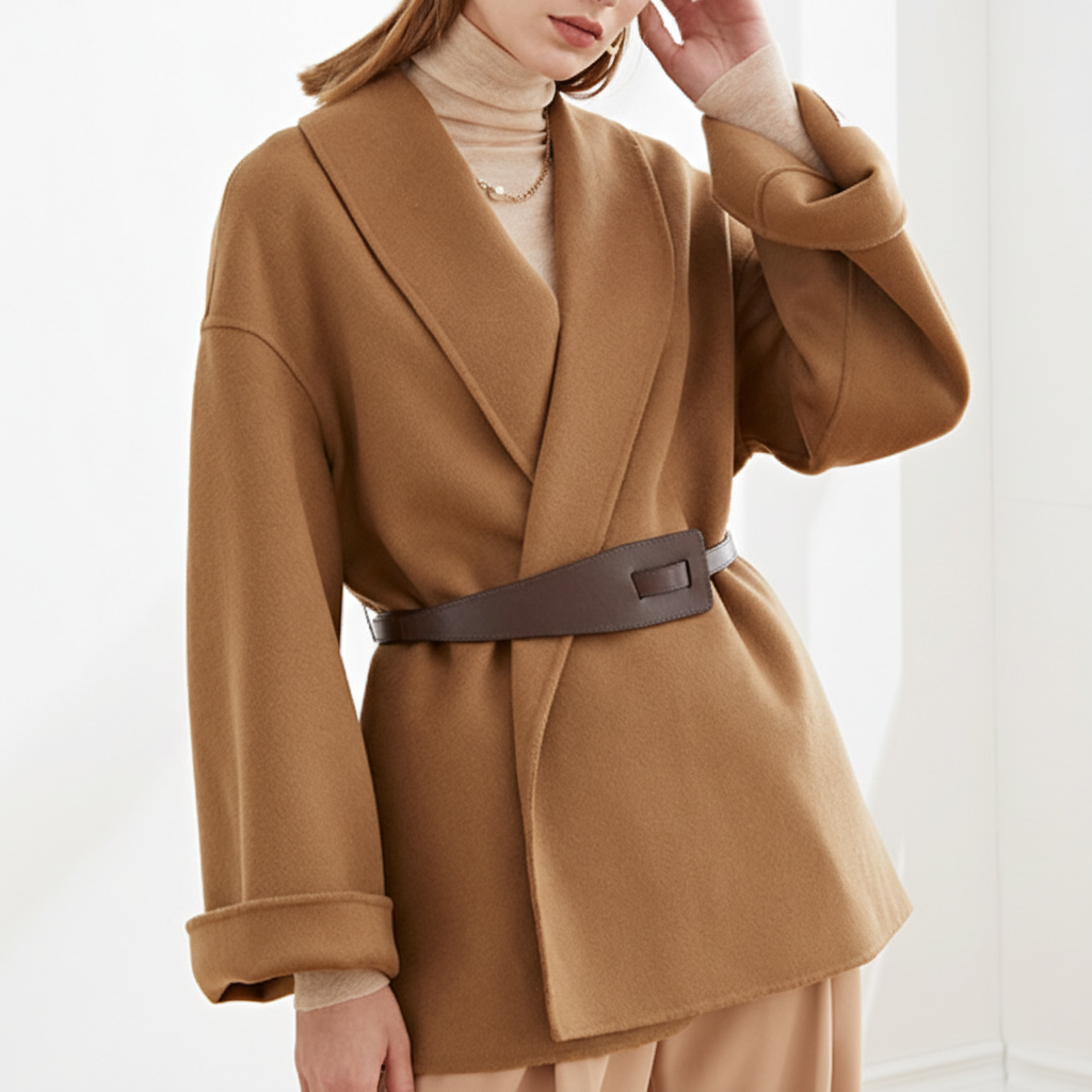 Women's Wrap Coat with Wide Lapel Collar and Tie Belt Image
