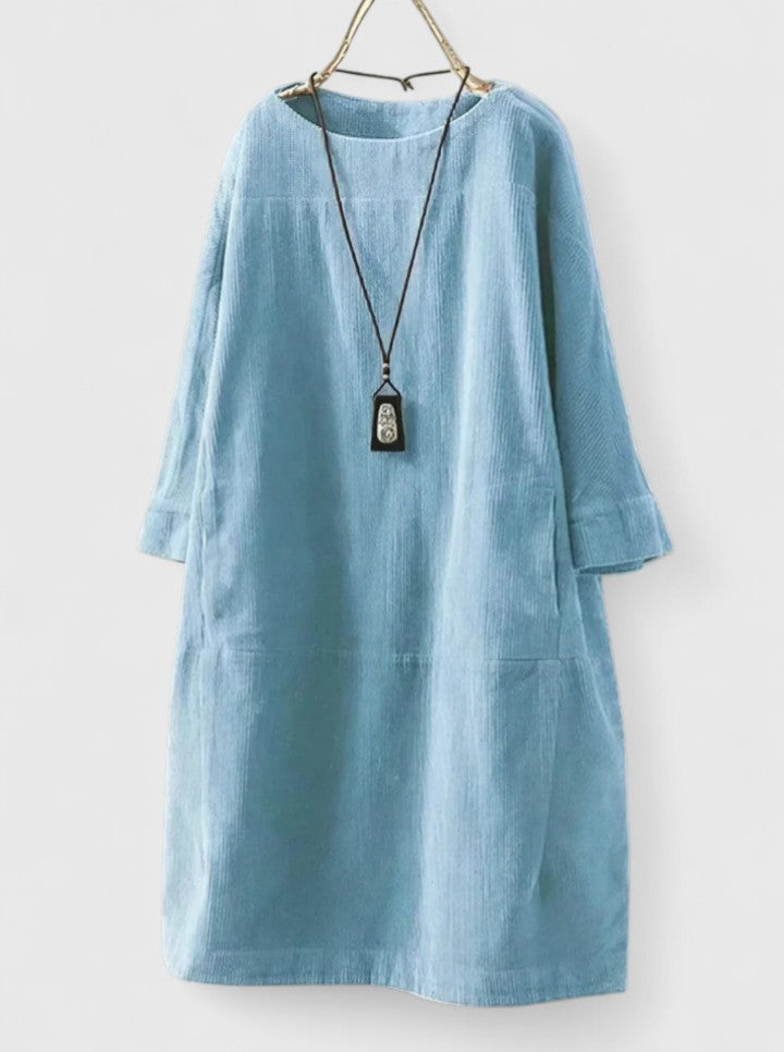 Cord Cocoon Dress with Pockets and Cuffed Sleeves - Light Blue