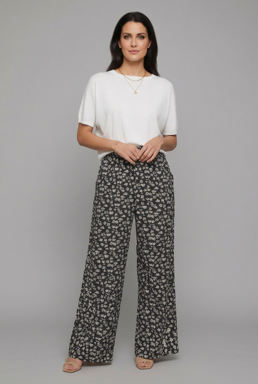 Elara | Women’s High-Waisted Wide-Leg Trousers with Ditsy Floral Print Image