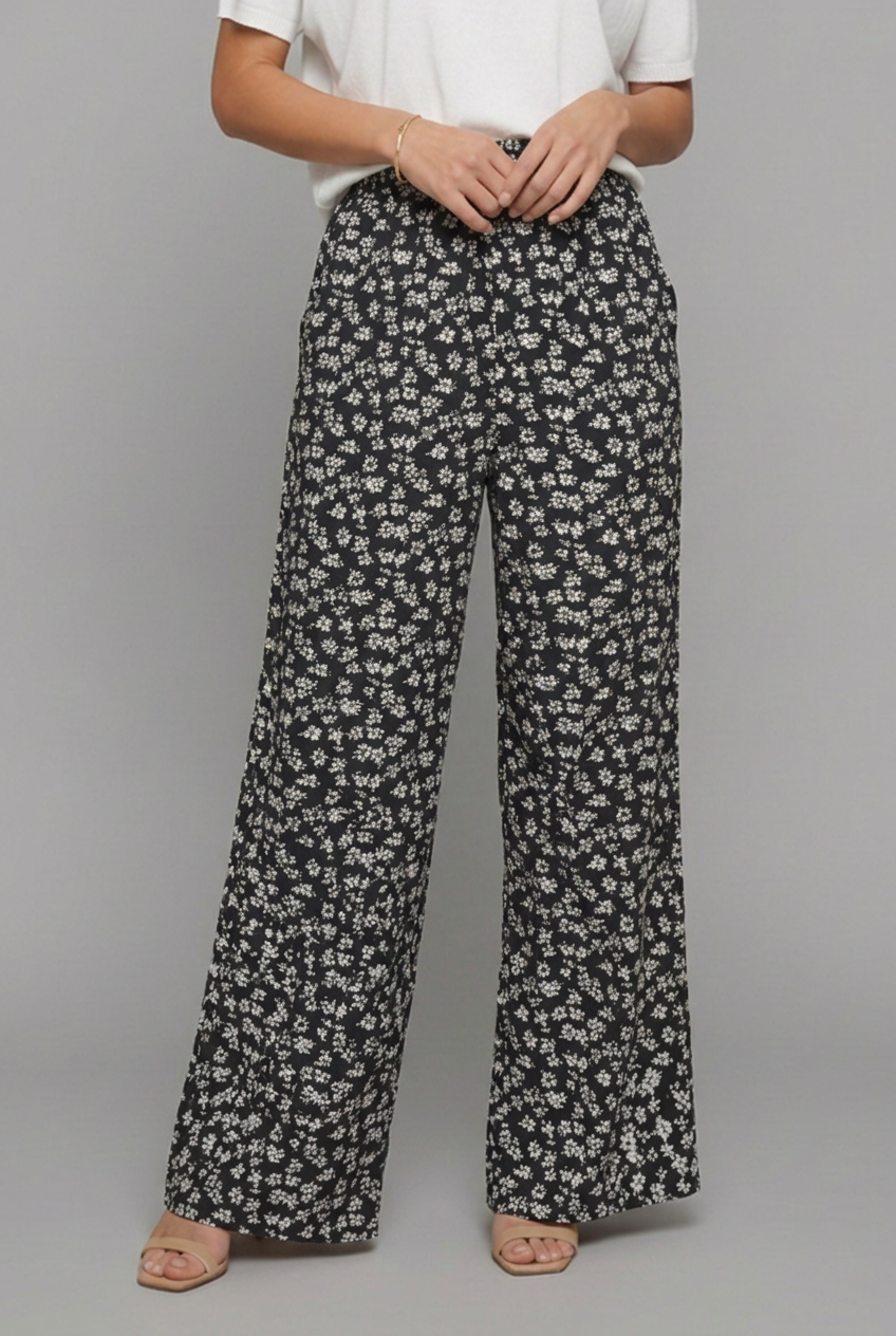 Elara | Women’s High-Waisted Wide-Leg Trousers with Ditsy Floral Print Image