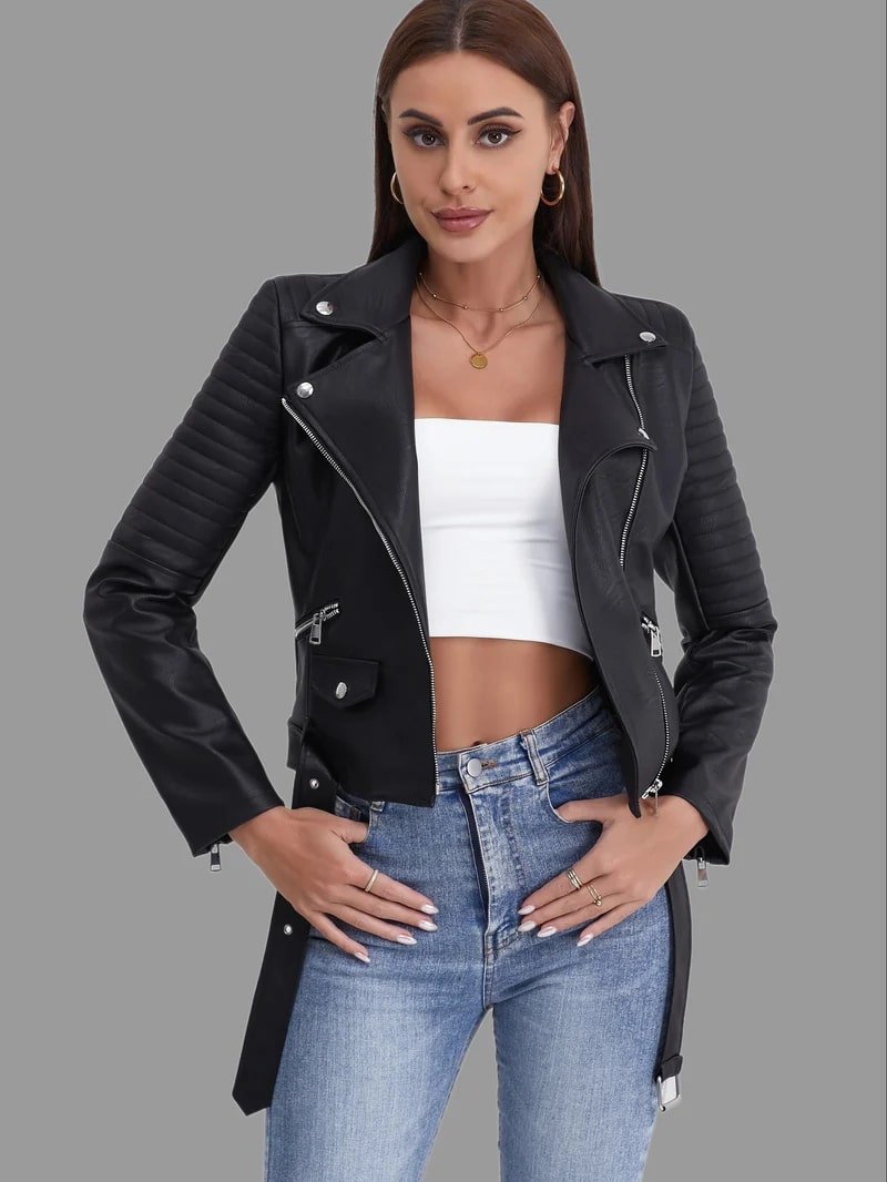 Women's Quilted Sleeve Biker Jacket with Asymmetric Zip Image