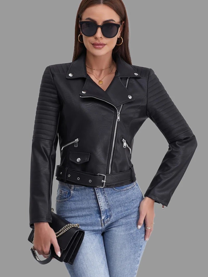 Women's Quilted Sleeve Biker Jacket with Asymmetric Zip Image
