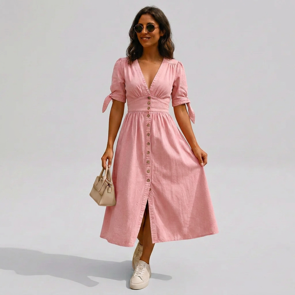 Jacqueline | Button-Front V-Neck Tie-Sleeve Midi Dress Image