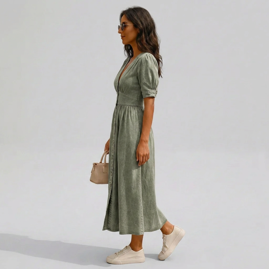 Jacqueline | Button-Front V-Neck Tie-Sleeve Midi Dress Image