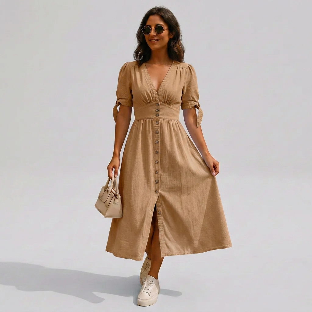 Jacqueline | Button-Front V-Neck Tie-Sleeve Midi Dress Image