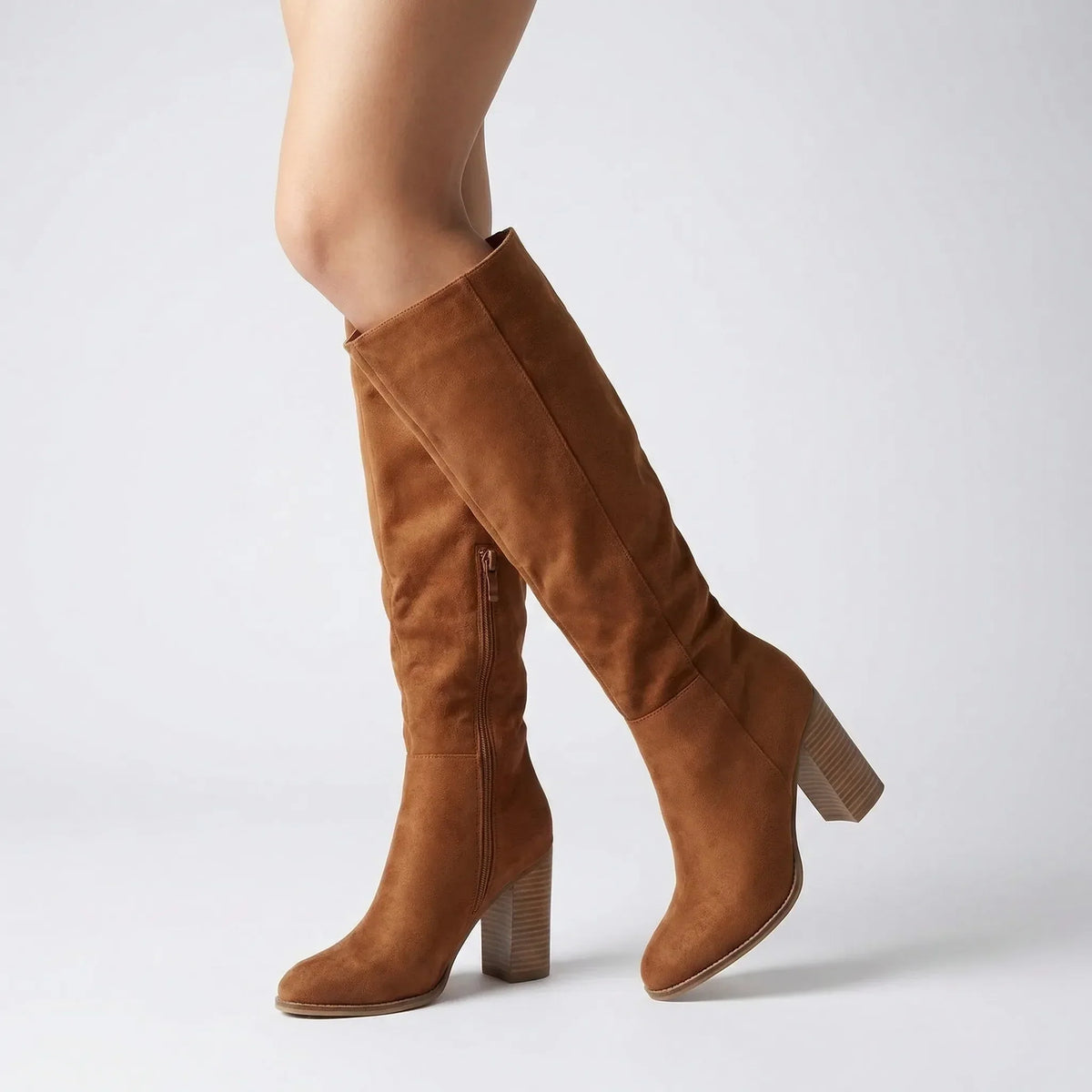 Women's Knee-High Boots with Block Heel and Side Zip