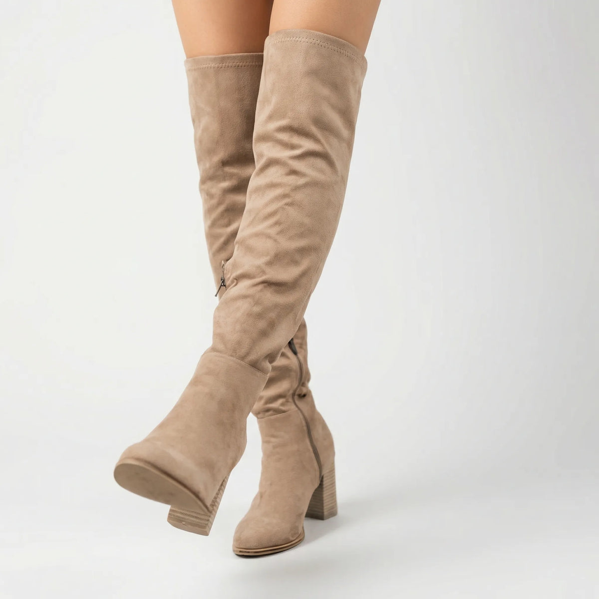 Women's Knee-High Boots with Block Heel and Side Zip