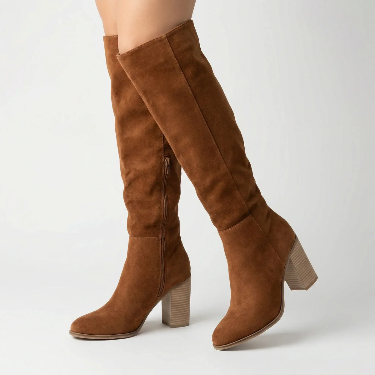 Women's Knee-High Boots with Block Heel and Side Zip