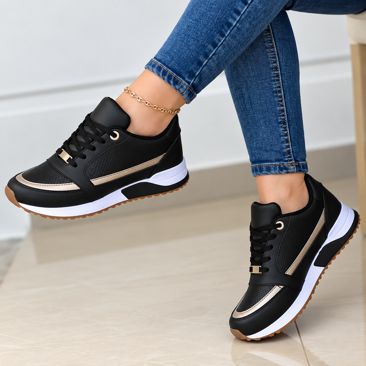 Maddie | Women's Black Lace-Up Comfort Sneakers with Metallic Accents Image