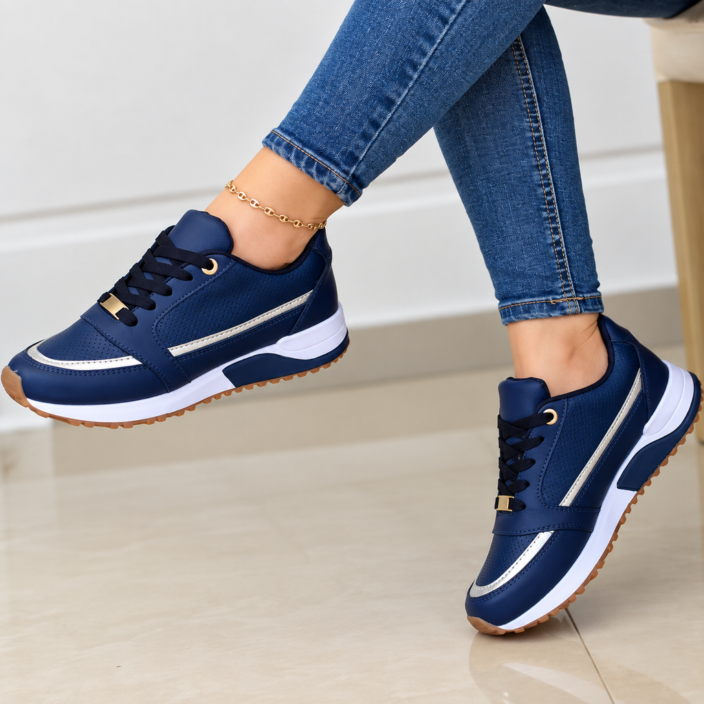 Maddie | Women's Black Lace-Up Comfort Sneakers with Metallic Accents