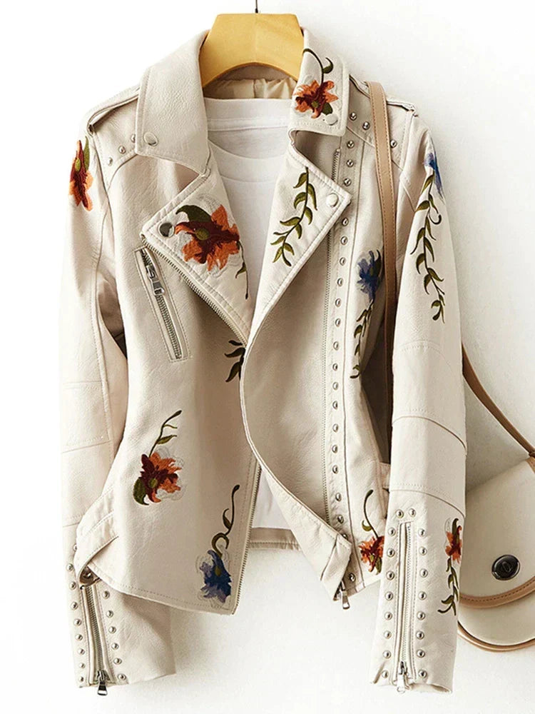 Women's Embroidered Biker Jacket with Floral Detail Image