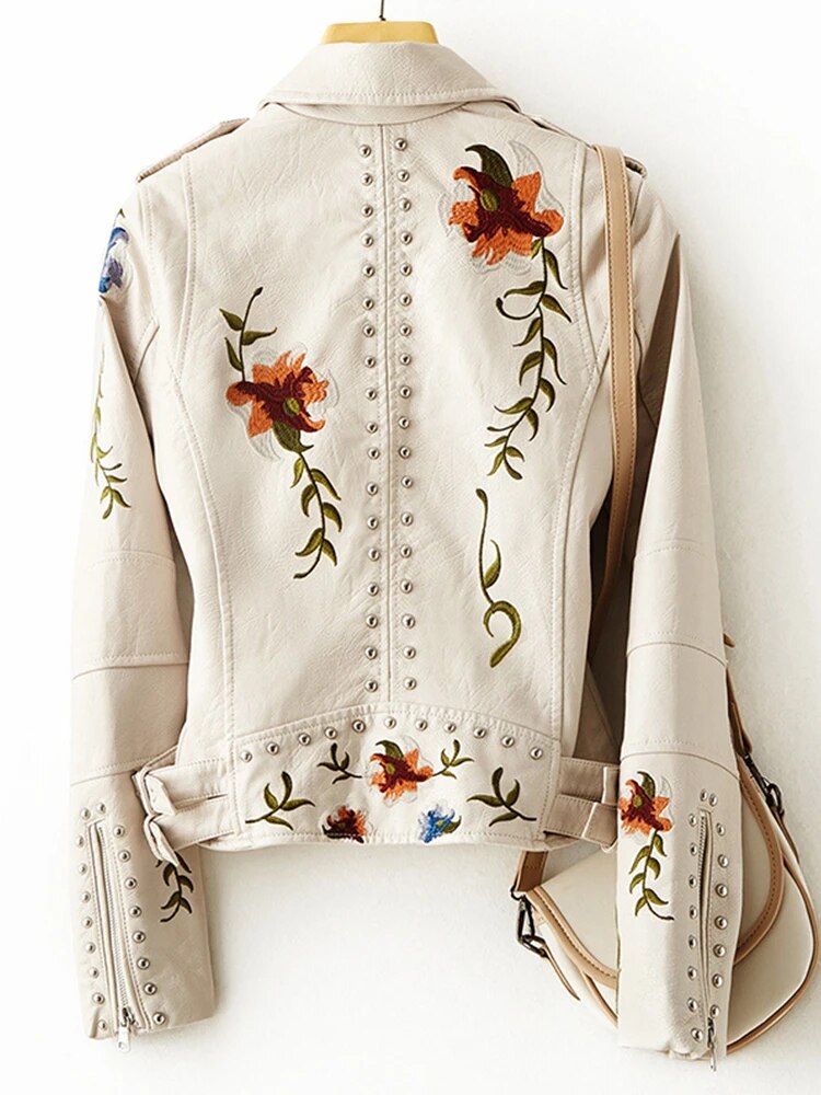 Women's Embroidered Biker Jacket with Floral Detail Image