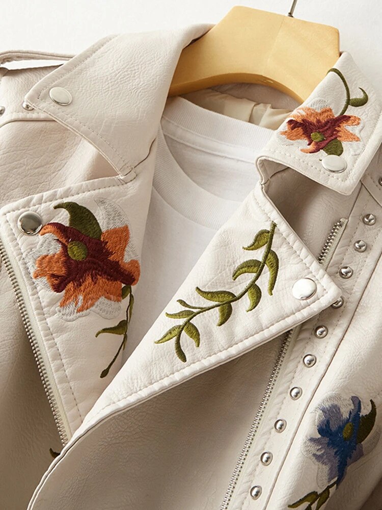 Women's Embroidered Biker Jacket with Floral Detail Image