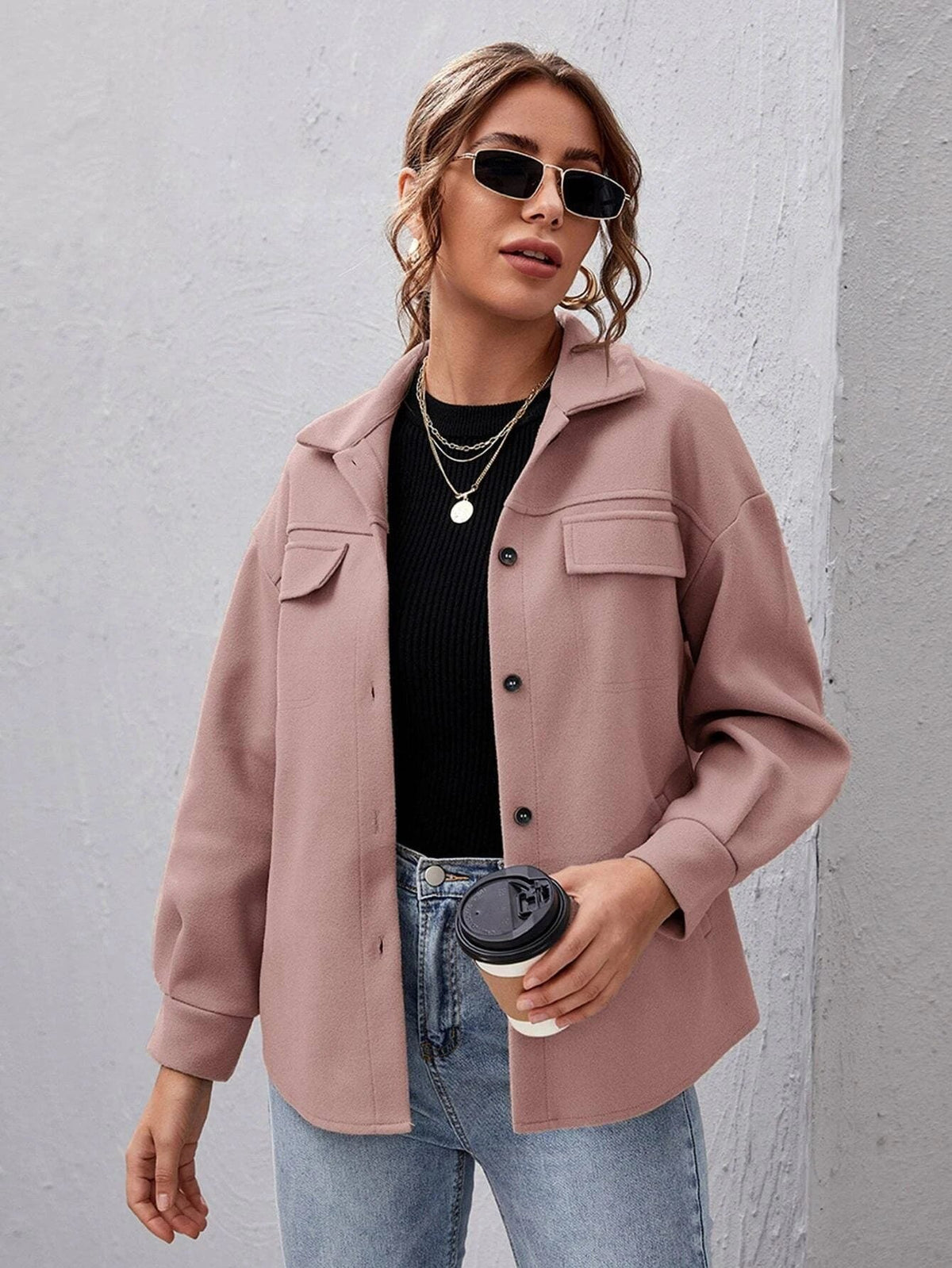 Women's Oversized Shirt Jacket with Collar and Pocket Detail