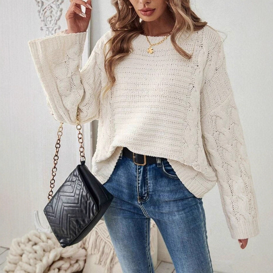 Women's Cable Knit Jumper Round Neck Wide Sleeve