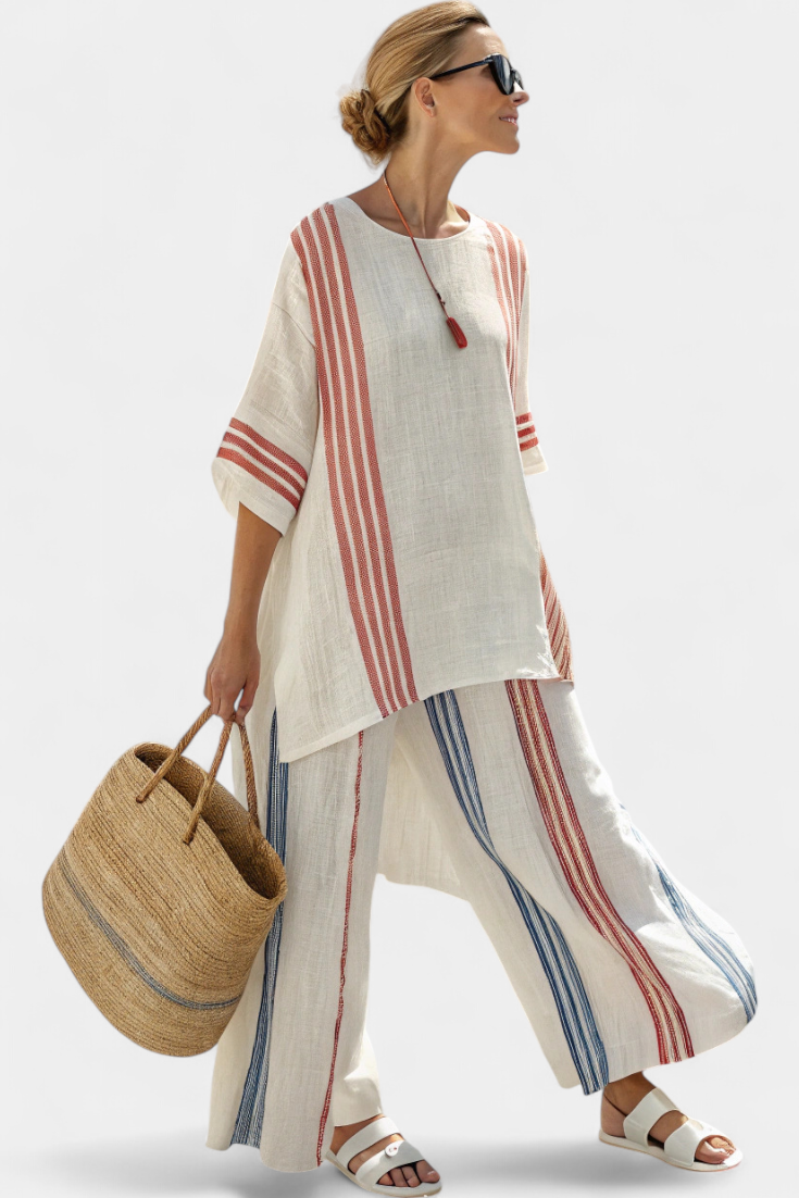 Solvane | Sophisticated MultiColour Striped Top & Mediterranean Trousers Image