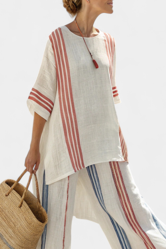 Solvane | Sophisticated MultiColour Striped Top & Mediterranean Trousers Image