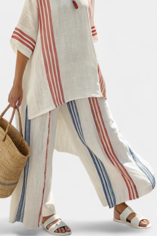 Solvane | Sophisticated MultiColour Striped Top & Mediterranean Trousers Image