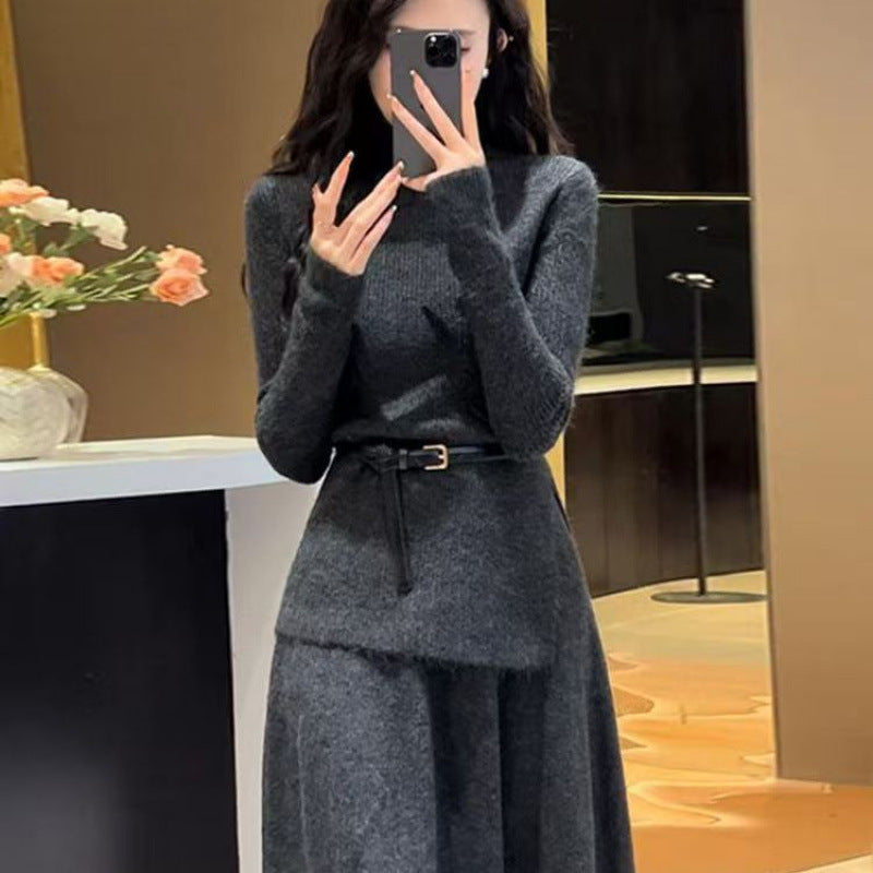 Women's Belted Asymmetric Knit Midi Dress Long Sleeve Image