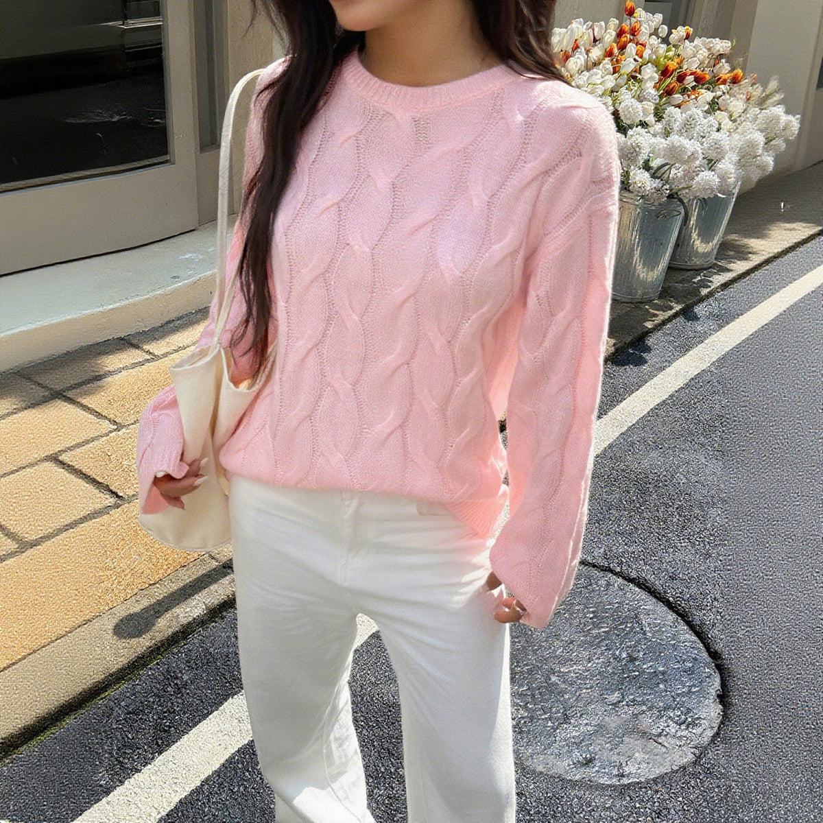 Women's Cable Knit Jumper with Crew Neck and Relaxed Fit Image