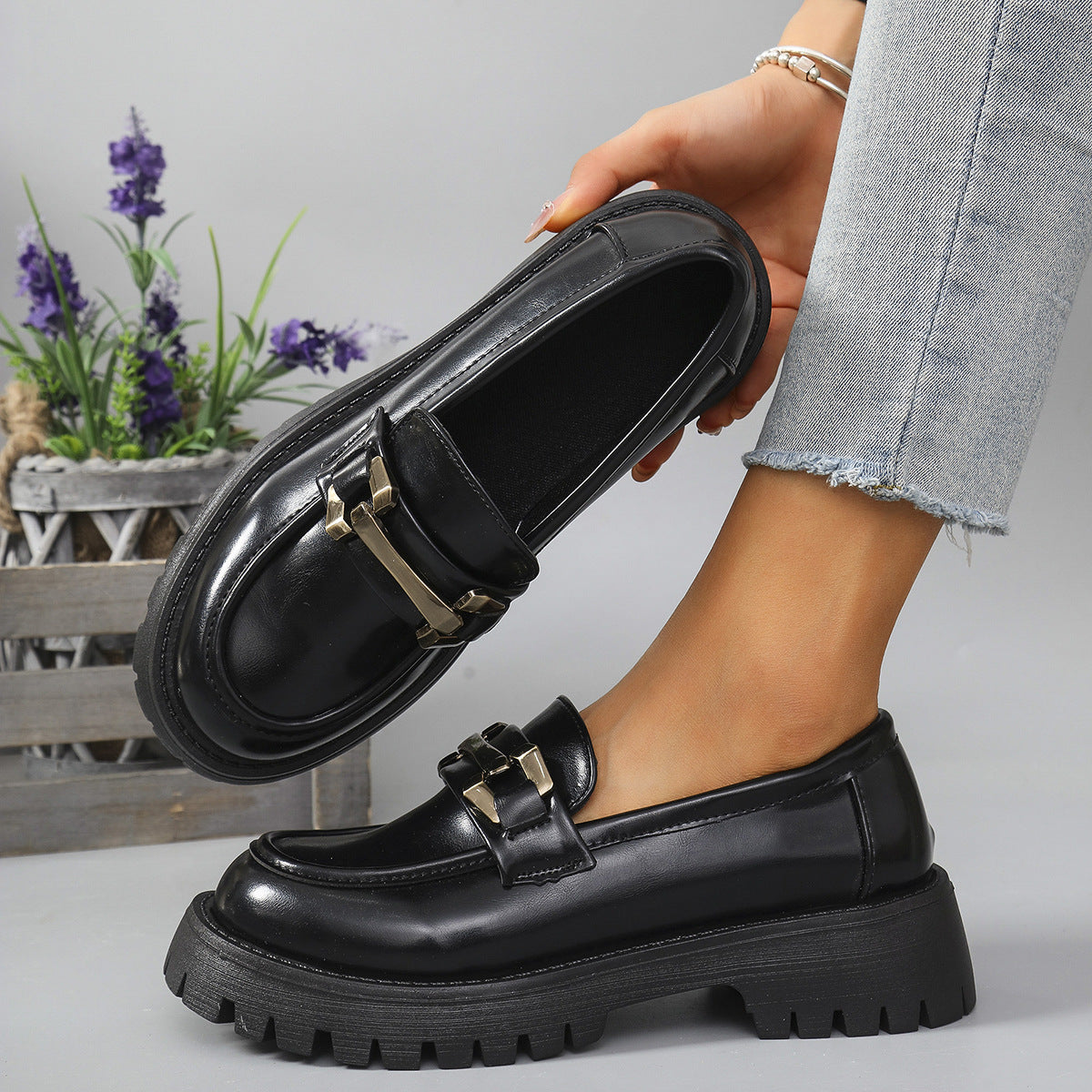 Women's Chunky Loafers with Cleated Sole and Metal Trim Image